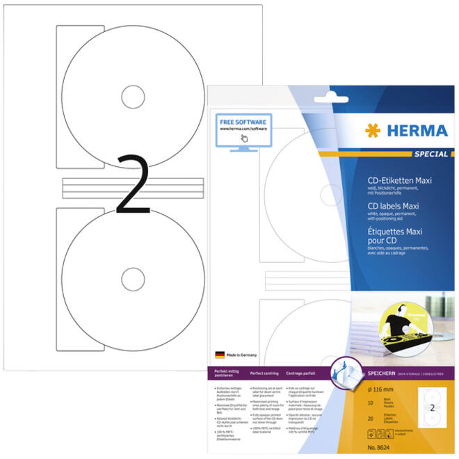 Etiket HERMA 8624 CD 116mm wit opaqua 20stuks