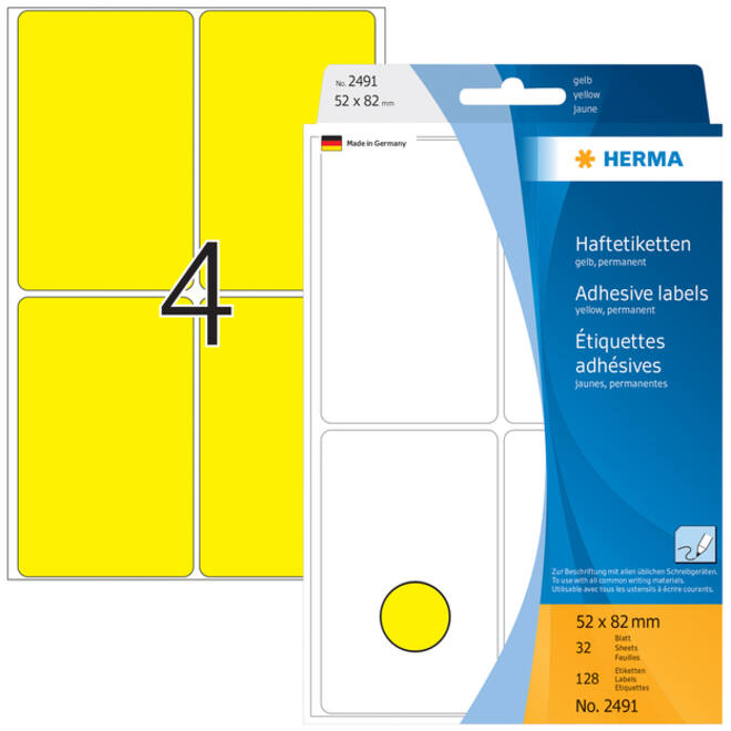 Etiket HERMA 2491 52x82mm geel 128 stuks