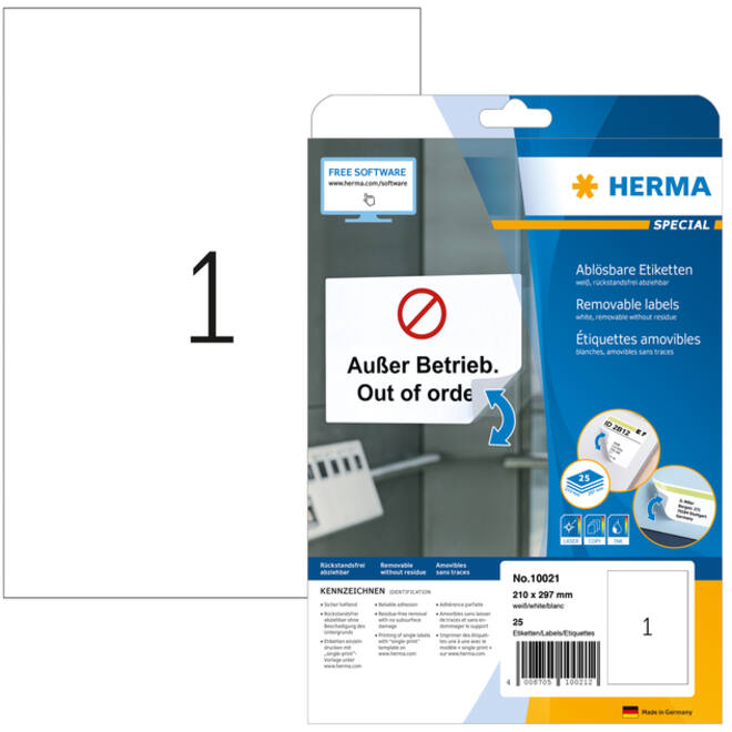 Etiket HERMA 10021 210x297mm A4 verwijderbaar wit 25stuks