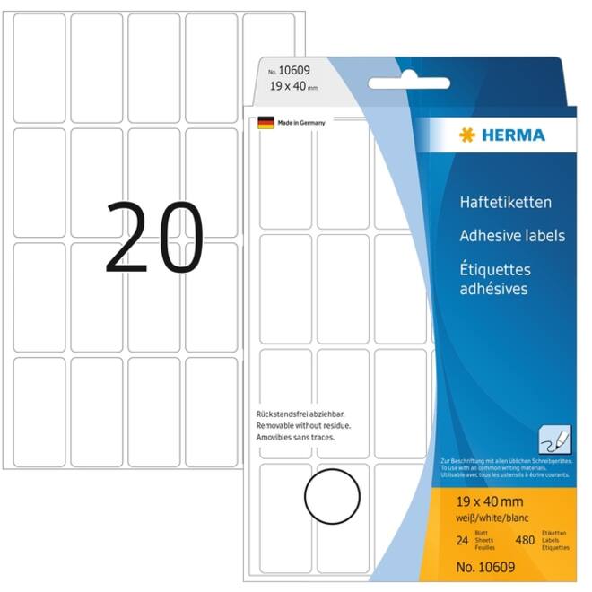 Etiket HERMA 10609 19x40mm verwijderbaar wit 480 stuks