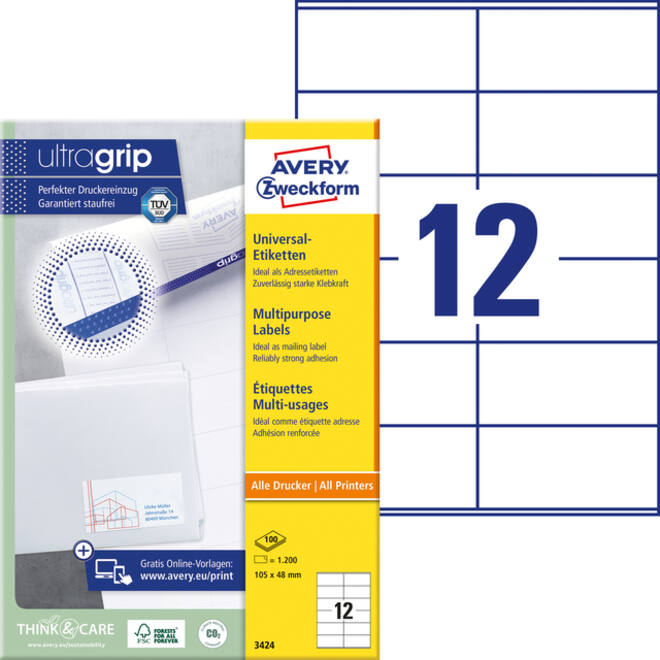 Etiket Avery Zweckform 3424 105x48mm wit 1200stuks