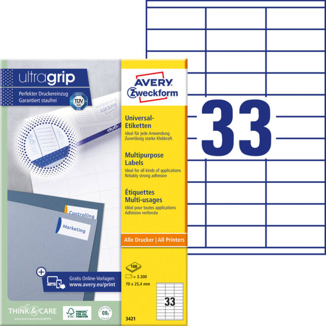 Etiket Avery Zweckform 3421 70x25.4mm wit 3300stuks