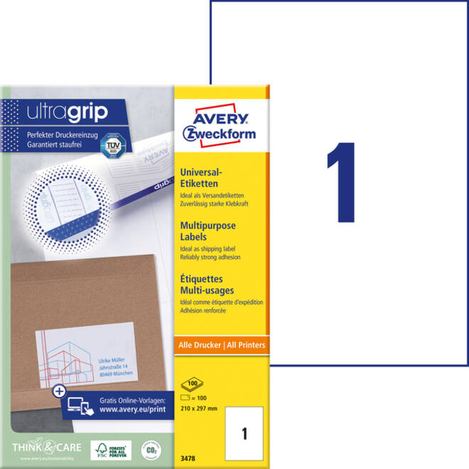 Etiket Avery Zweckform 3478 210x297mm A4 wit 100stuks