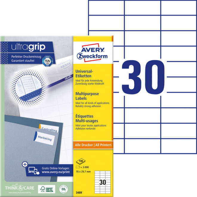 Etiket Avery Zweckform 3489 70x29.7mm wit 3000stuks