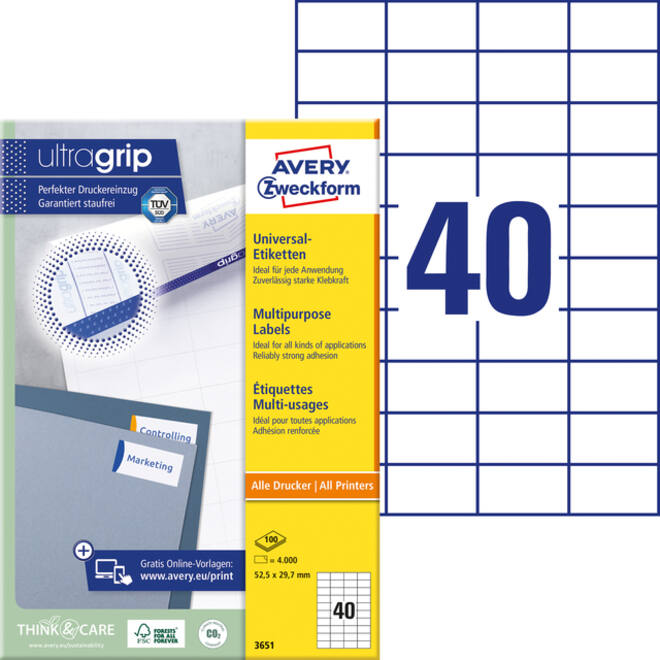 Etiket Avery Zweckform 3651 52.5x29.7mm wit 4000stuks