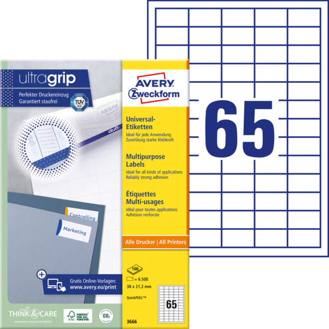Etiket Avery Zweckform 3666 38x21.2mm wit 6500stuks