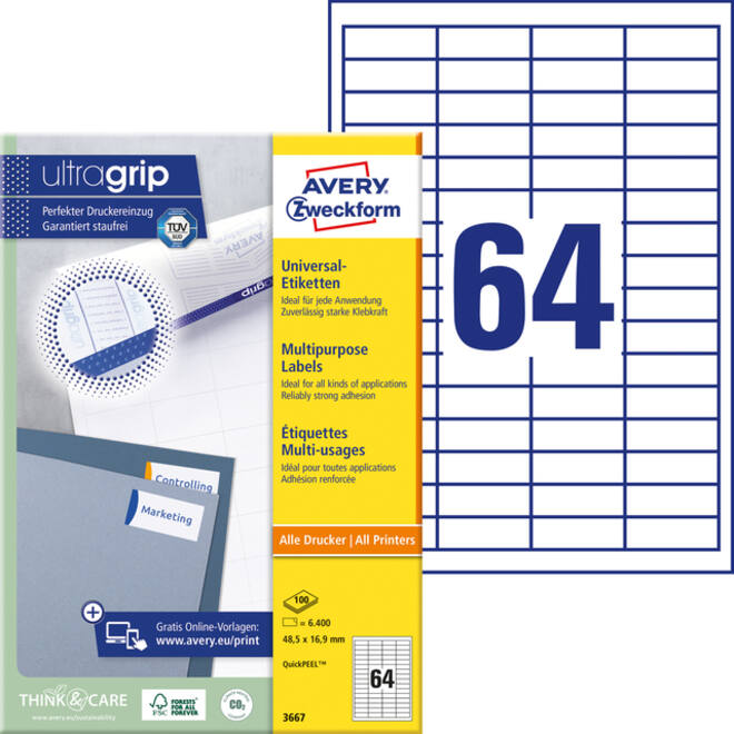 Etiket Avery Zweckform 3667 48.5x16.9mm wit 6400stuks
