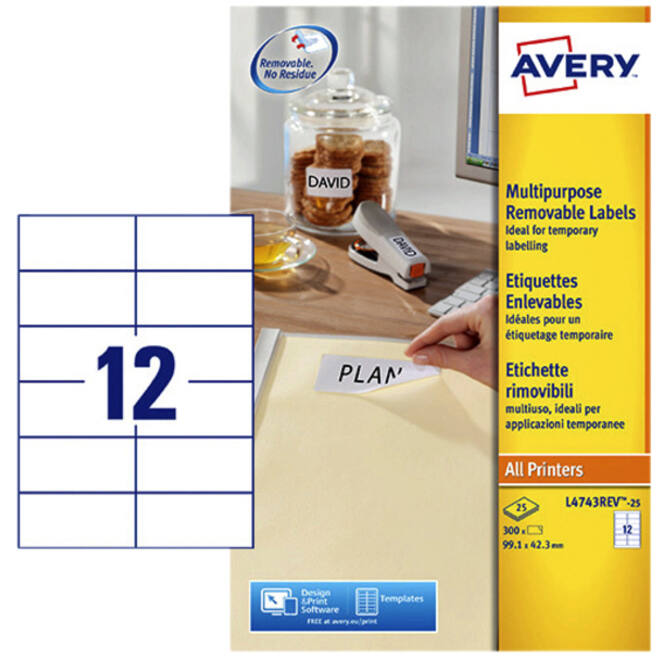 Etiket Avery L4743REV-25 99.1x42.3mm afneembaar wit 300stuks