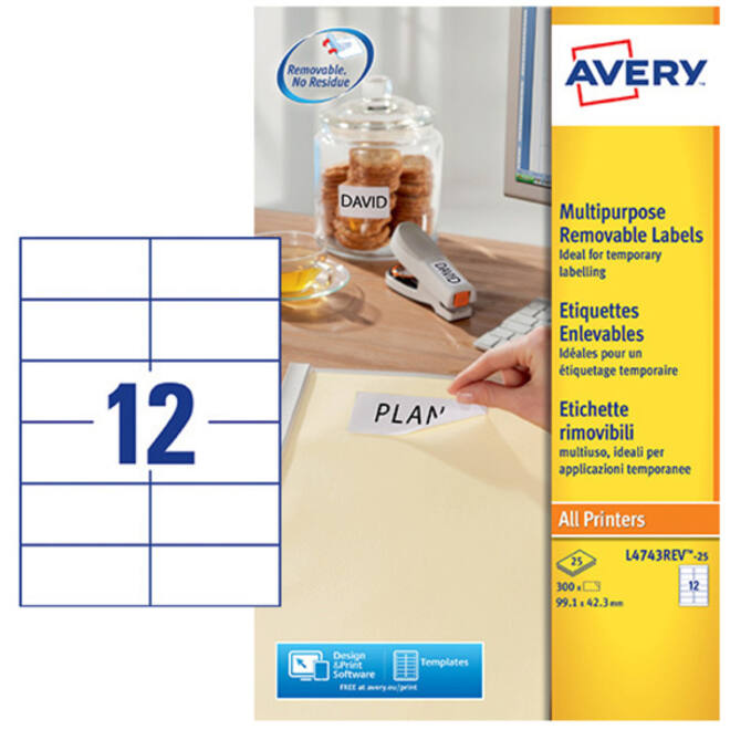 Etiket Avery L4743REV-25 99.1x42.3mm afneembaar wit 300stuks