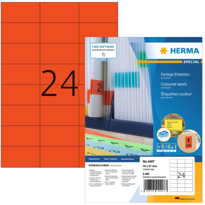 Etiket HERMA 4407 70x37mm rood 2400stuks