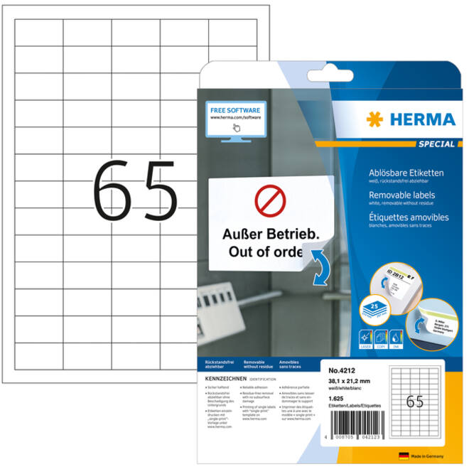 Etiket HERMA 4212 38.1x21.2mm verwijderbaar wit 1625stuks