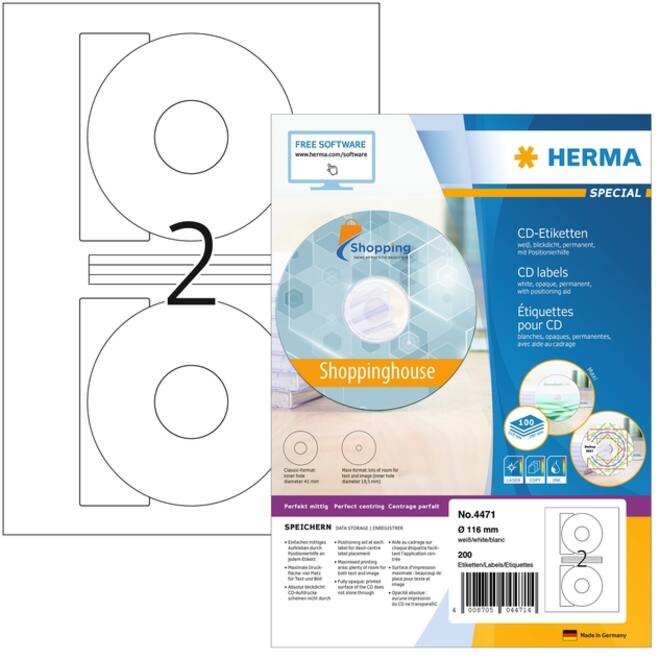 Etiket HERMA 4471 CD 116mm wit opaqua 200stuks