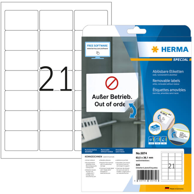 Etiket HERMA 5074 63.5x38.1mm verwijderbaar wit 525stuks