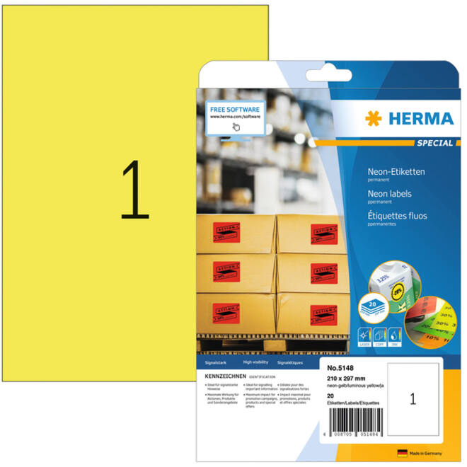 Etiket HERMA 5148 210x297mm A4 fluor geel 20stuks