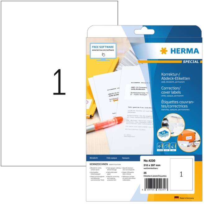 Etiket HERMA 4230 210x297mm A4 correctie wit 25stuks