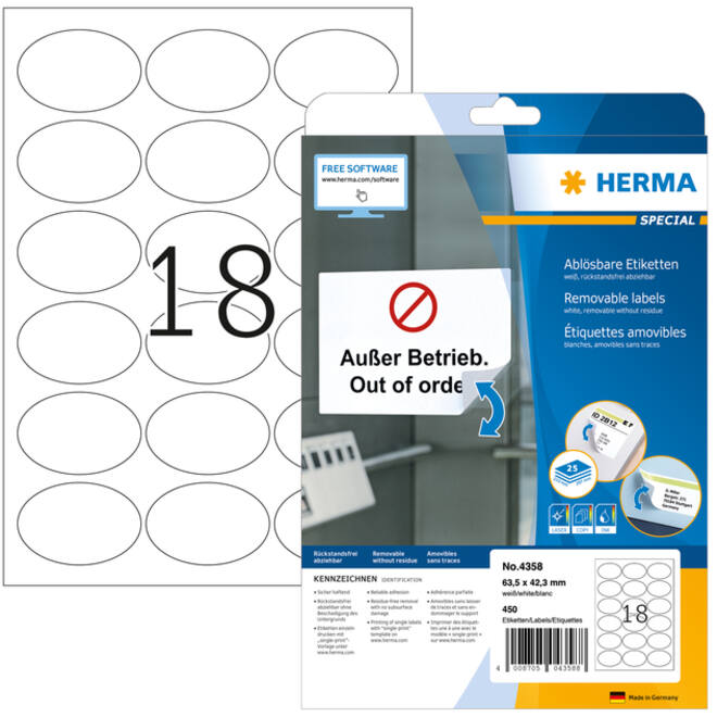 Etiket HERMA 4358 63.5x42.3mm verwijderbaar ovaal 450stuks