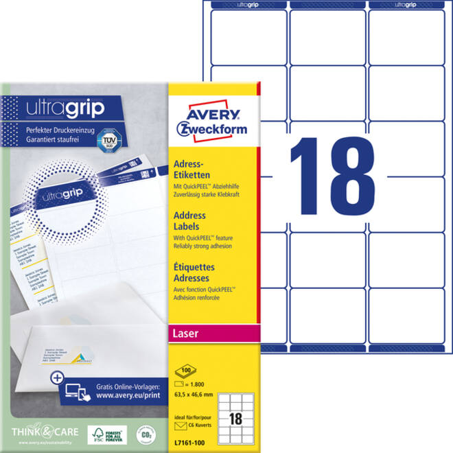 Etiket Avery L7161-100 63.5x46.6mm wit 1800stuks
