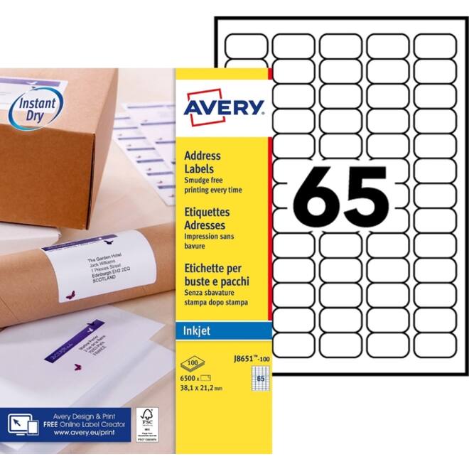 Etiket Avery J8651-100 38.1x21.2mm wit 6500stuks