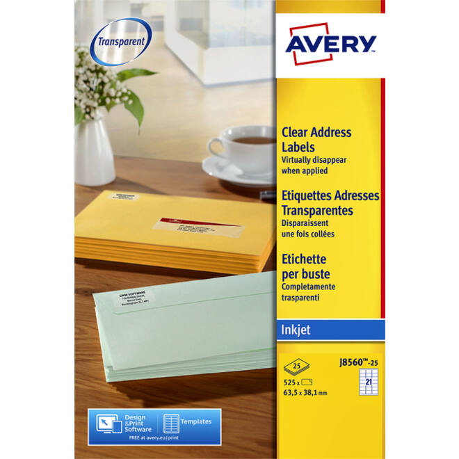 Etiket Avery J8560-25 63.5x38.1mm transparant 525stuks
