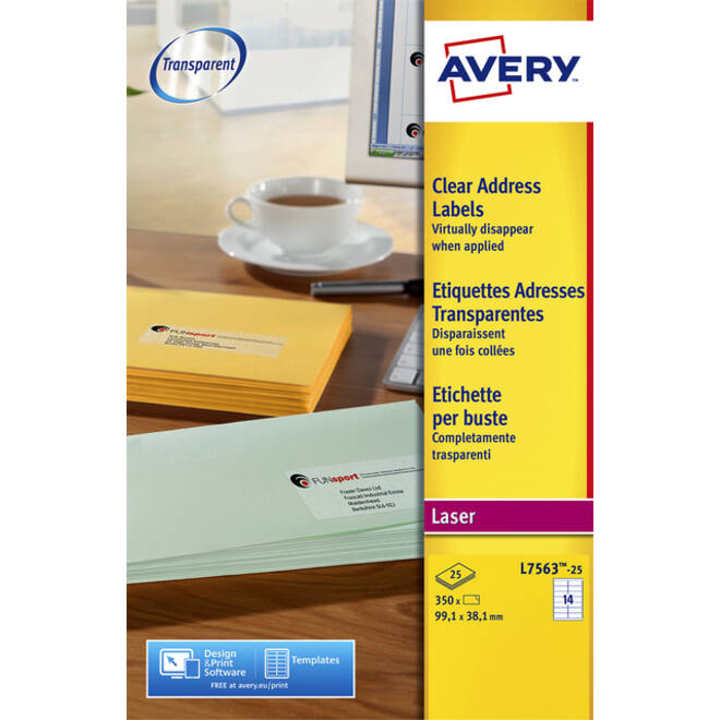 Etiket Avery L7563-25 99.1x38.1mm transparant mat 350 stuks