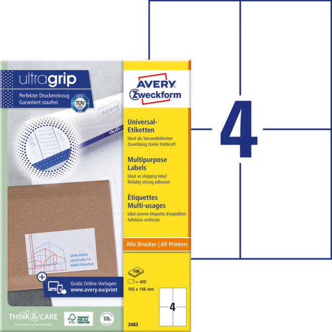 Etiket Avery Zweckform 3483 105x148mm A6 wit 400stuks