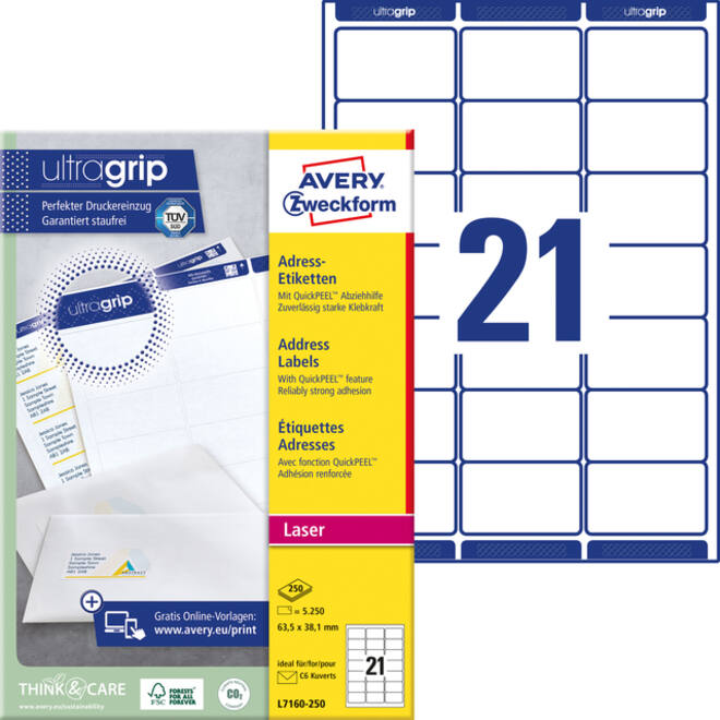 Etiket Avery L7160-250 63.5x38.1mm wit 5250stuks