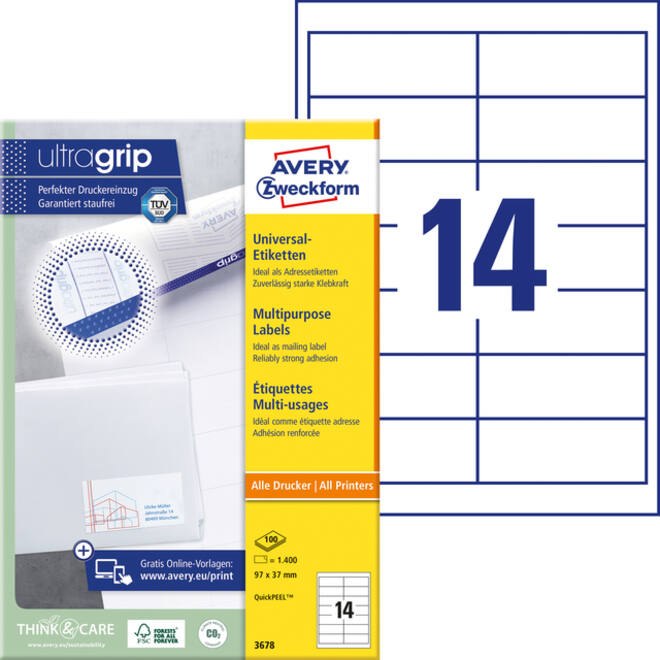Etiket Avery Zweckform 3678 97x37mm wit 1400stuks
