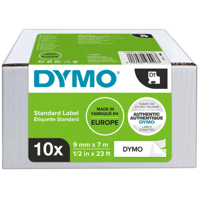 Labeltape Dymo LabelManager D1 polyester 9mm zwart op wit 10 stuks