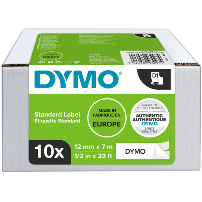 Labeltape Dymo LabelManager D1 polyester 12mm zwart op wit 10 stuks