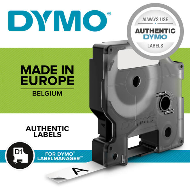 Labeltape Dymo LabelManager D1 polyester 12mm zwart op wit 10 stuks