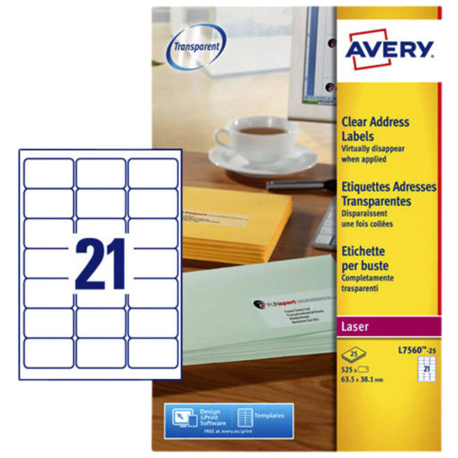 Etiket Avery L7560-25 63.5x38.1mm transparant 525stuks