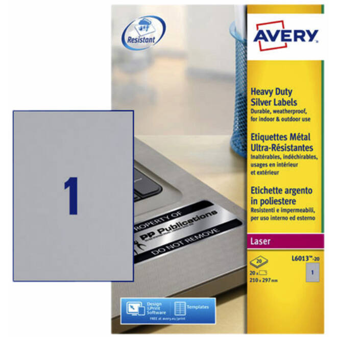 Etiket Avery L6013-20 210x297mm zilver 20stuks