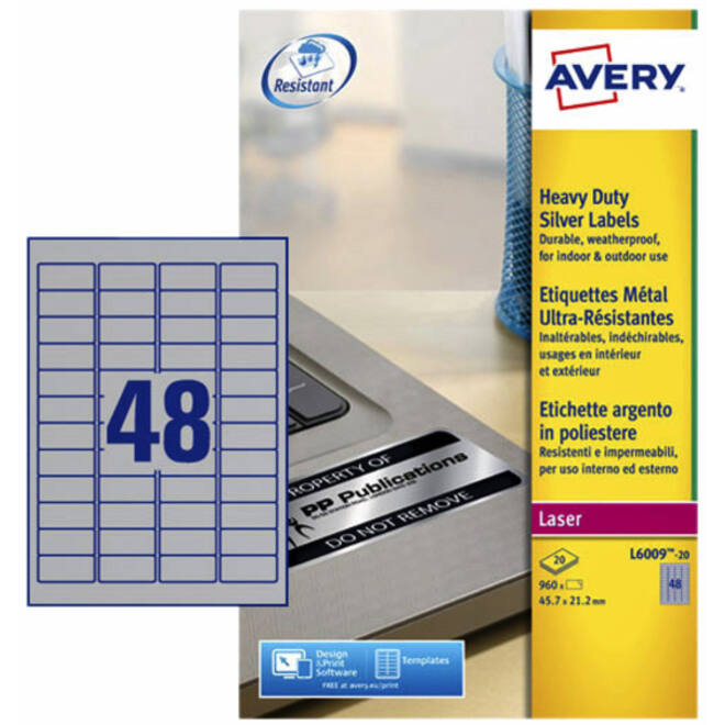 Etiket Avery L6009-20 45.7x21.2mm zilver 960stuks