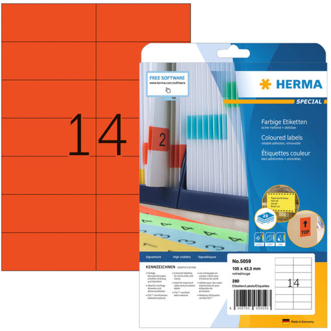 Etiket HERMA 5059 105x42.3mm verwijderbaar rood 280stuks