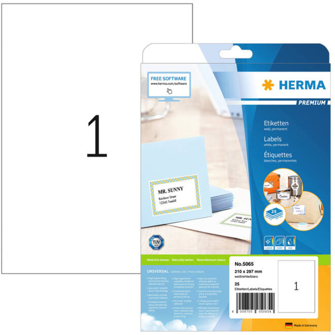 Etiket HERMA 5065 210x297mm A4 premium wit 25stuks