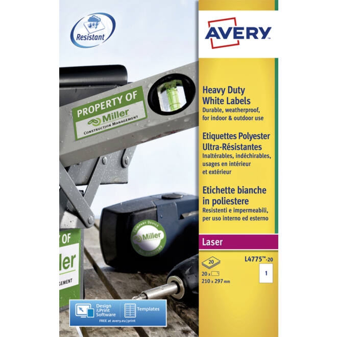 Etiket Avery L4775-20 210x297mm polyester wit 20stuks