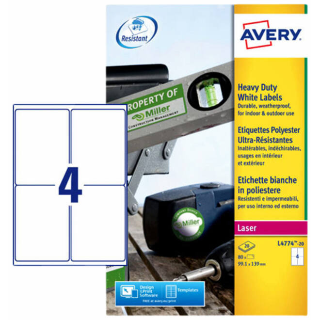 Etiket Avery L4774-20 99.1x139mm polyester wit 80stuks