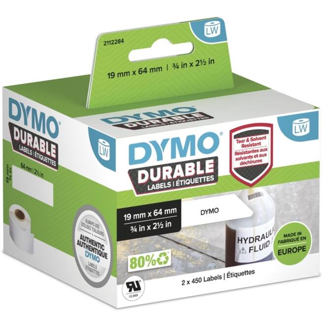 Etiket Dymo LabelWriter industrieel 19x64mm 2 rollen á 450 stuks wit