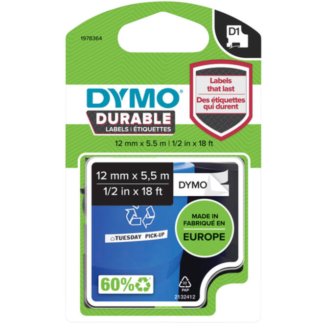 Labeltape Dymo LabelManager D1 polyester 12mm duurzaam zwart op wit