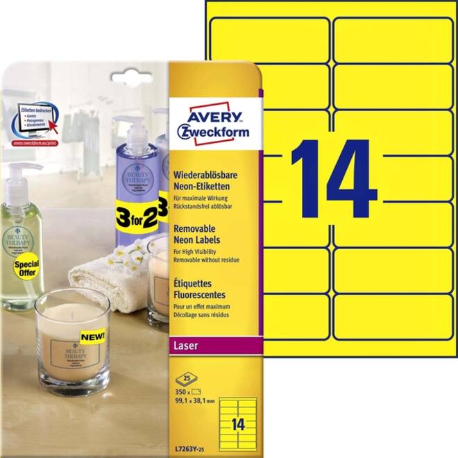 Etiket Avery L7263Y-100 99.1x38.1mm neon geel 1400stuks