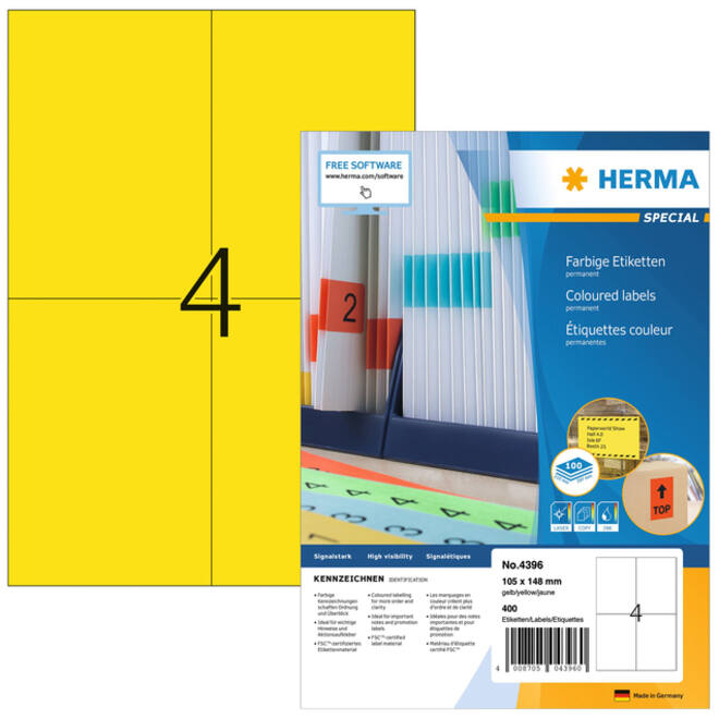 Etiket HERMA 4396 105x148mm A6 geel 400stuks