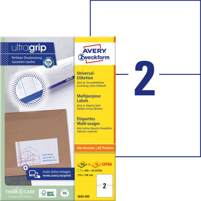 Etiket Avery Zweckform 3655-200 210x148mm A5 wit 400stuks