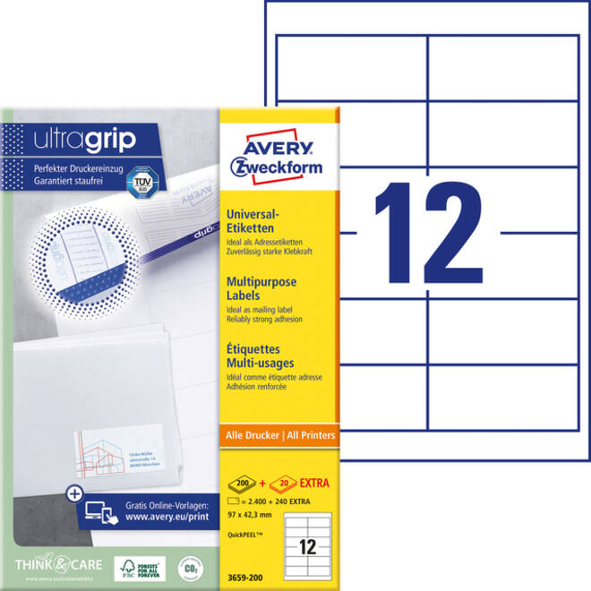 Etiket Avery Zweckform 3659-200 97x42.3mm wit 2400stuks