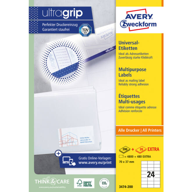 Etiket Avery Zweckform 3474-200 70x37mm wit 4800stuks