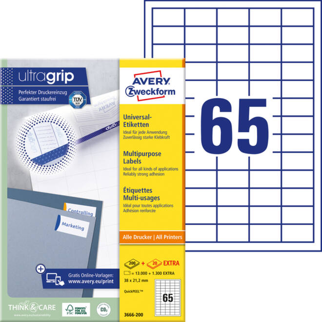 Etiket Avery Zweckform 3666-200 38x21.2mm wit 13000stuks