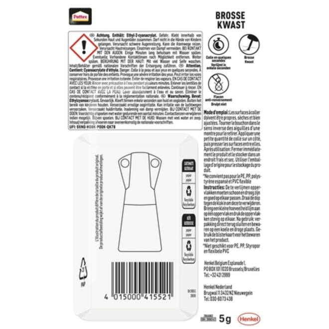 Secondelijm Pattex met kwast flacon 5gram op blister