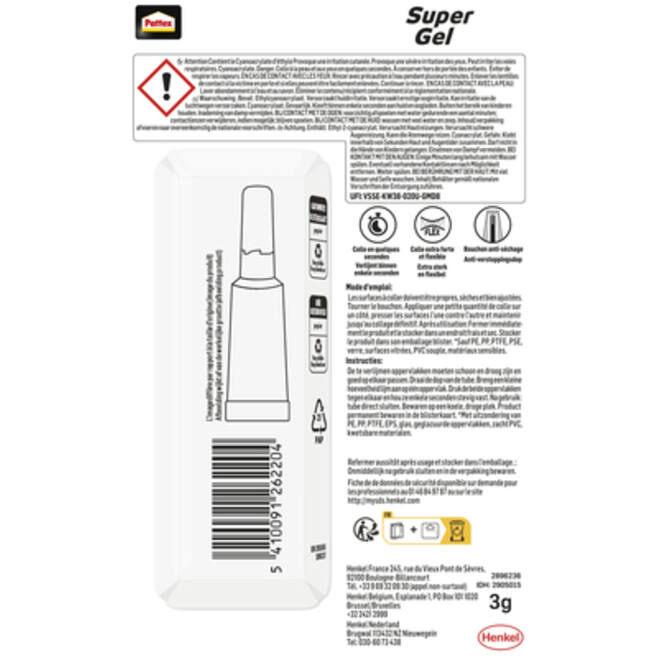 Secondelijm Pattex super gel tube 3gram op blister