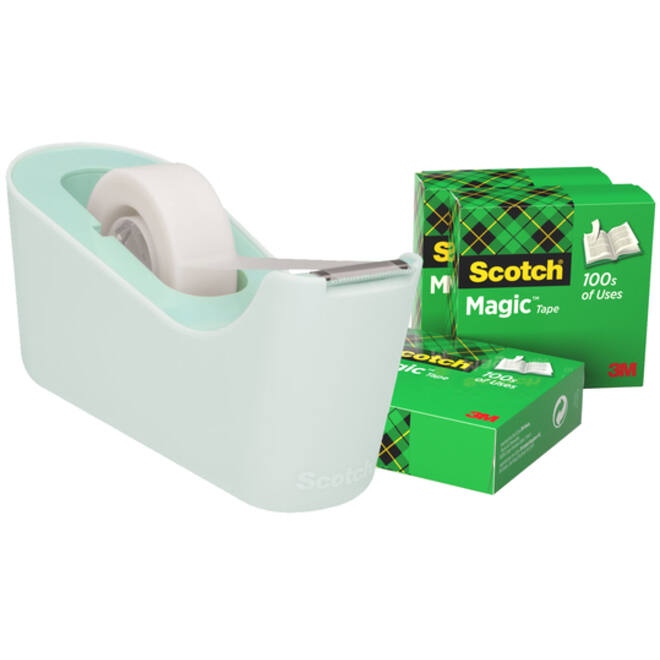 Plakbandhouder Scotch C18 mint + 4 rollen magic tape 19mmx33m