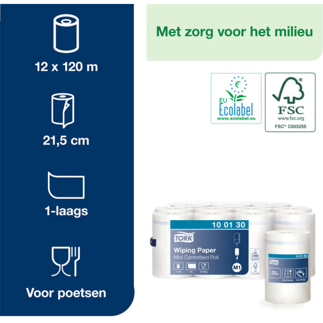 Poetspapier Tork Wiping mini rol M1 1 laags centerfeed wit 100130