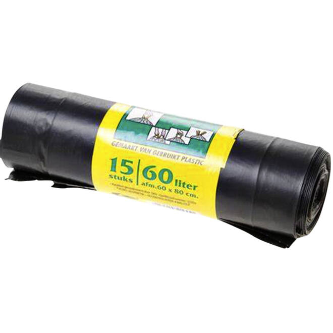 Vuilniszak Komo 60 liter met trekband zwart rol à 15 stuks